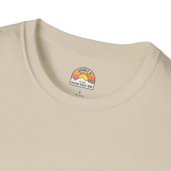 Heavy cotton T-shirt neckline, tan, with small logo patch and size label text.