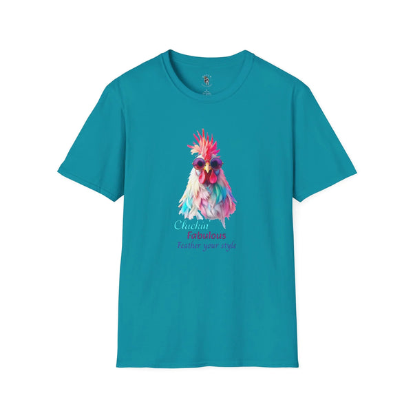 Blue women’s western tee with colorful feathered chicken graphic on front