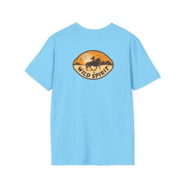 Sky blue T-shirt with Wild Spirit horse graphic in oval print on back