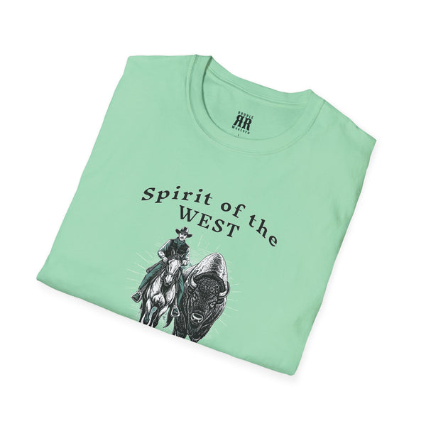 Spirit of the West Western Wear Graphic T-Shirt in Mint Green, folded view