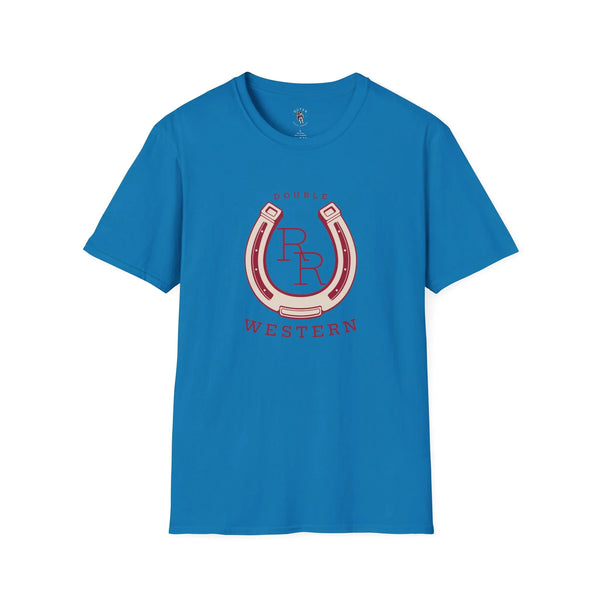 Blue western horseshoe T-shirt with red Double R graphic and “WESTERN” text