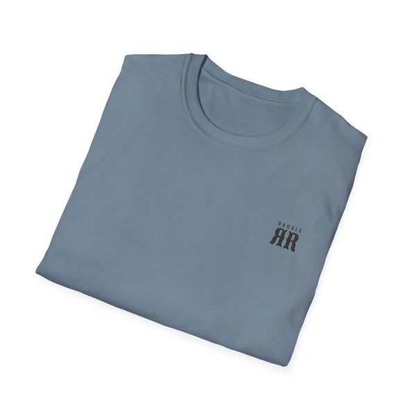Stone blue crewneck T-shirt with small dark western "DOUBLE AR" logo on chest