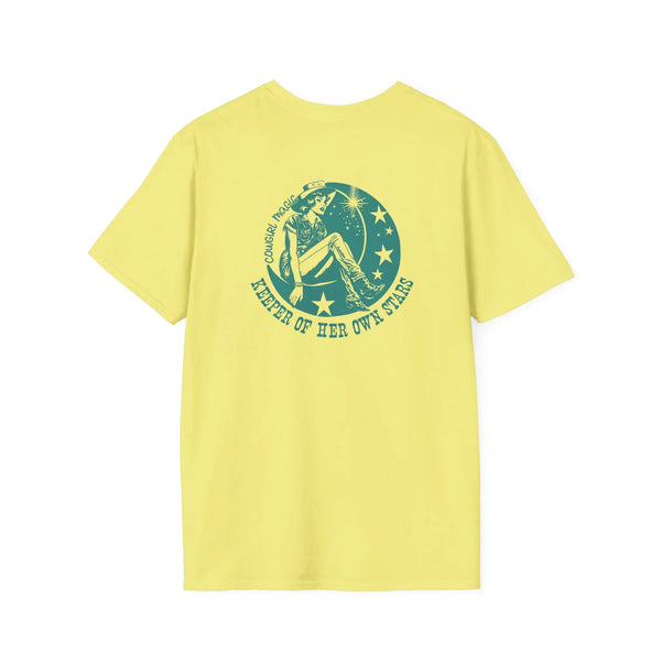 Yellow crewneck T-shirt with small circular back graphic