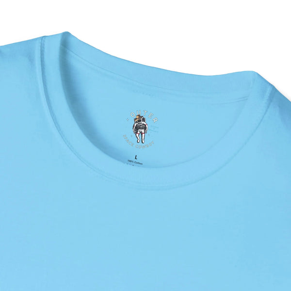 Men's heavy cotton tee in sky blue with small robot graphic at crew neck