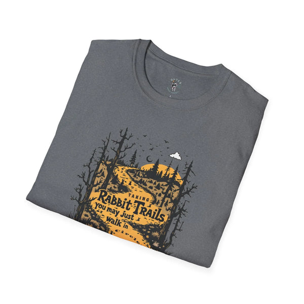 Gray heather T-shirt with orange “Rabbit Trails” forest trail graphic
