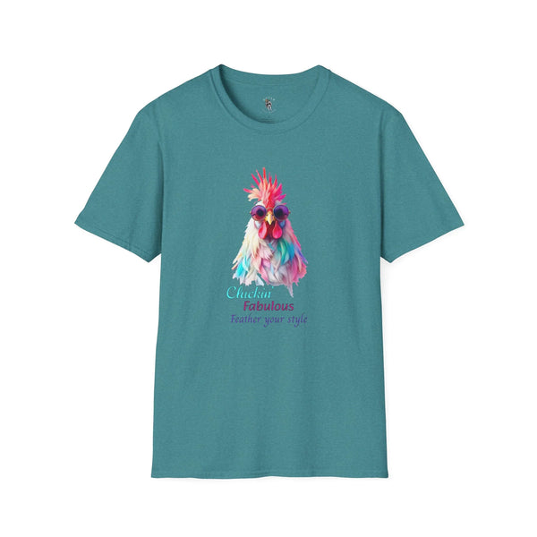 Teal women’s western tee with colorful feathered chicken graphic on front