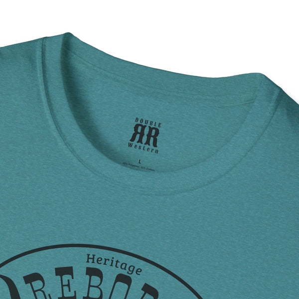 Teal crewneck comfort tee neckline with small logo text