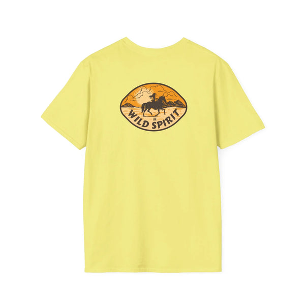 Yellow T-shirt with Wild Spirit horse graphic in oval print on back