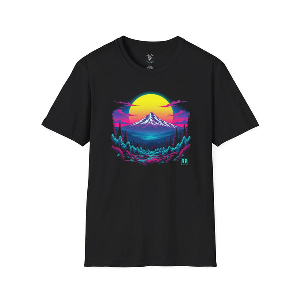 Black crewneck graphic tee with neon mountain skyline print at center