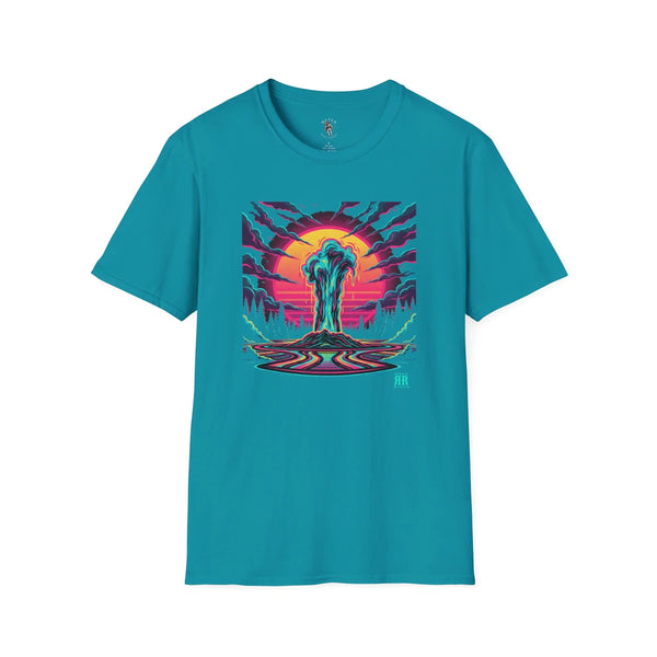 Teal western graphic tee with colorful sunset devil-themed artwork on the front