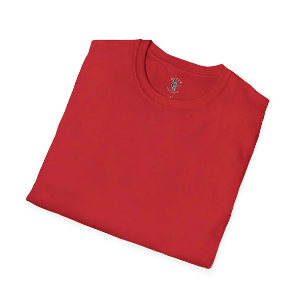 Red crew-neck heavy cotton tee with small chest logo.