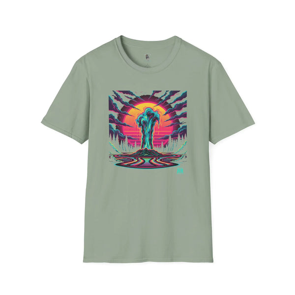 Sage green western graphic tee with colorful sunset devil-themed artwork on the front