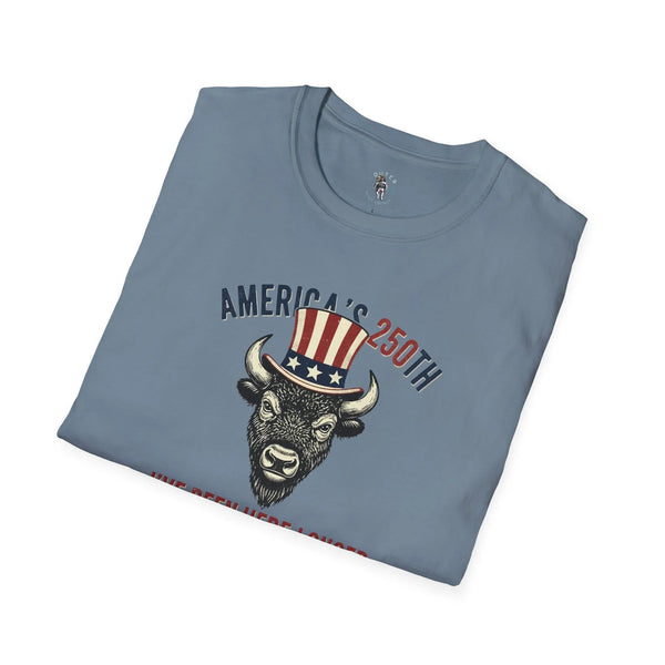 Blue-gray graphic western t-shirt with bison head and “America’s 250th” print