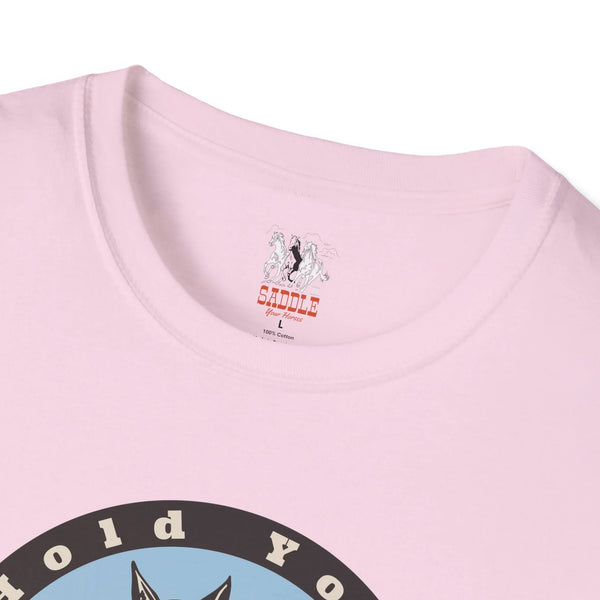 Light pink crew neck tee with small chest graphic