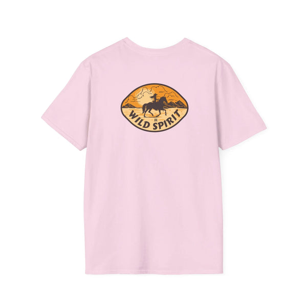 Light pink T-shirt with Wild Spirit horse graphic in oval print on back
