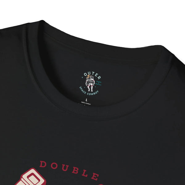 Black crewneck T-shirt collar label with “OUTER SPACE COWBOY” text and red print