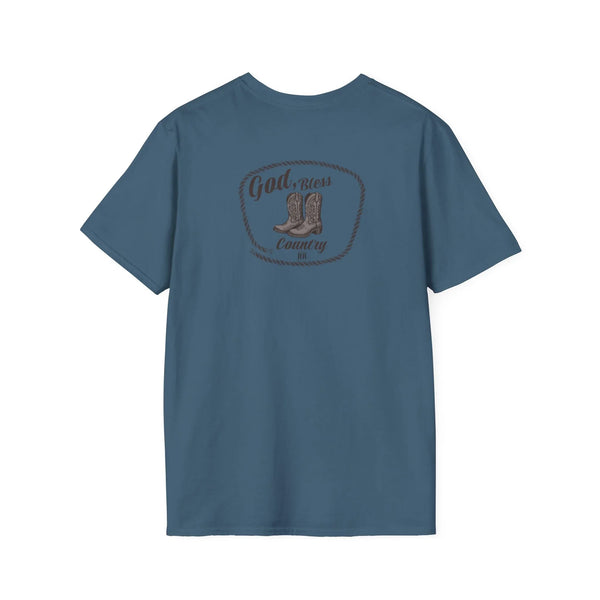 Blue heavy cotton T-shirt with “God Bless Country” circular chest graphic