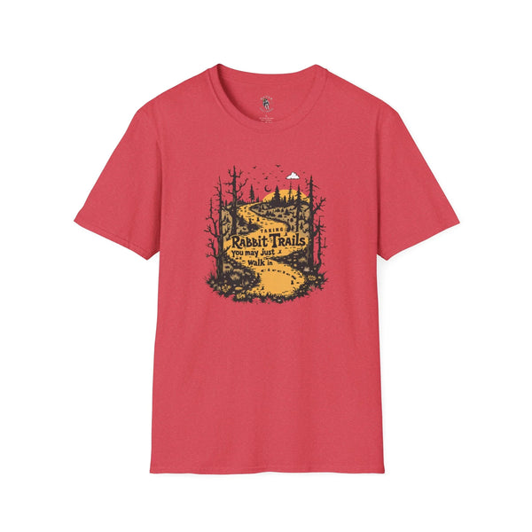 Heather red softstyle T-shirt with “Rabbit Trails” outdoor forest and rabbit graphic