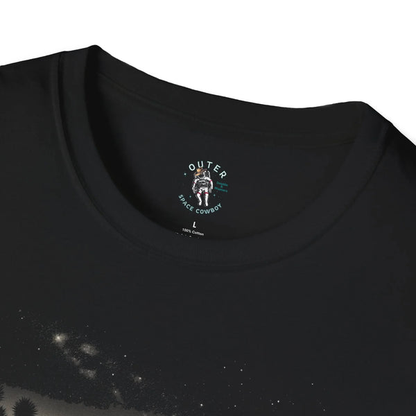 Black T-shirt neckline with circular 'Outter Space Cowboy' chest logo