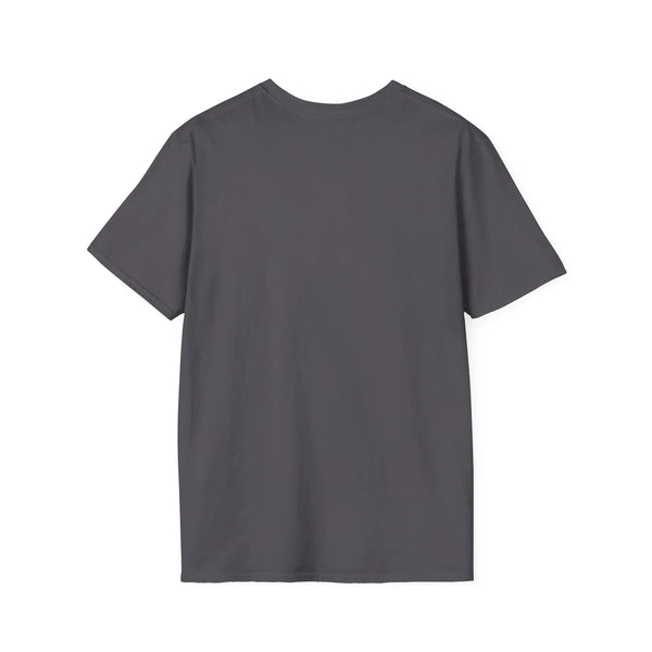 Charcoal crewneck T-shirt, plain front with no visible graphic