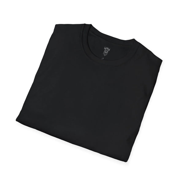 Black short-sleeve T-shirt with small chest graphic at the collar