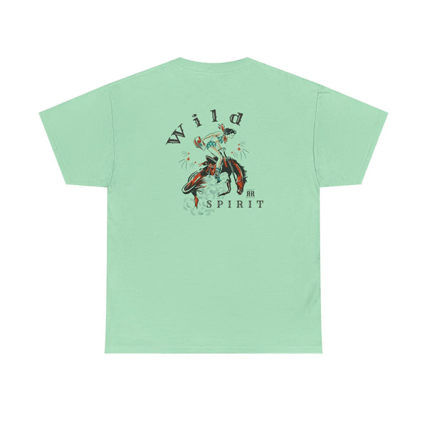 Mint green crewneck T-shirt with centered back Western graphic and barbed wire text