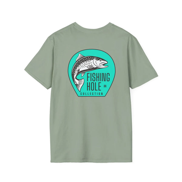 Sage back graphic tee with fish and “Fishing Hole Collection” emblem on back
