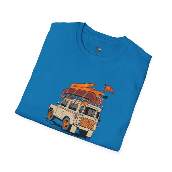 Blue T-shirt with offroad truck and surfboard illustration on front