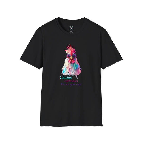 Black women’s western tee with colorful feathered chicken graphic on front