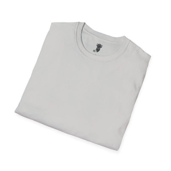 Ice gray T-shirt neckline close-up with embroidered bull logo