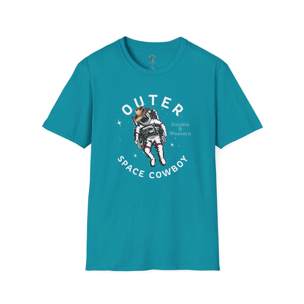 Teal T-shirt with astronaut cowboy graphic and crew neck