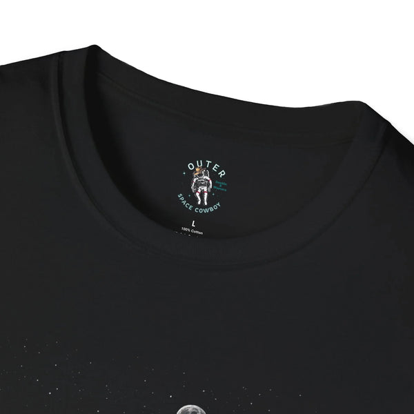 Black T-shirt with small astronaut logo on chest near crew neck collar