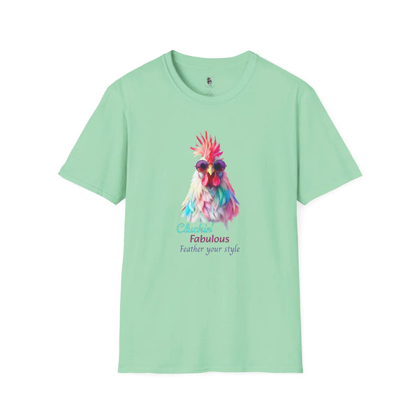 Mint green women’s western tee with colorful feathered chicken graphic on front