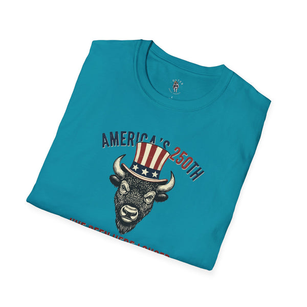 Bison Uncle Sam Western Graphic T-Shirt in Tropical Blue, folded view