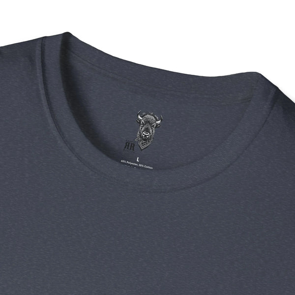 Dark gray T-shirt neckline with bull head graphic and small brand text