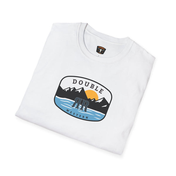 White western wear T-shirt with large oval logo graphic featuring mountains and blue river