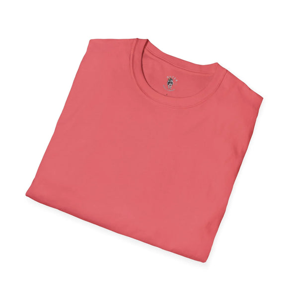 Men's heavy cotton tee in coral red with crew neck and small chest graphic
