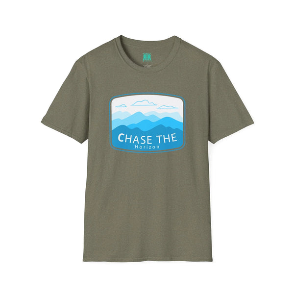 Olive green crew-neck western wear T-shirt with 'Chase the Horizon' landscape graphic