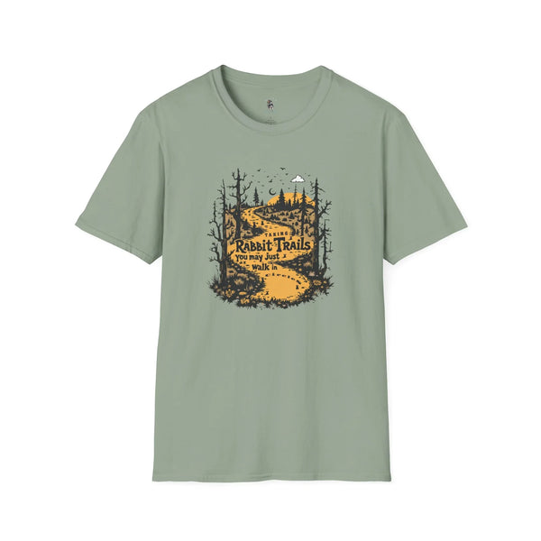 Sage green softstyle T-shirt with “Rabbit Trails” outdoor graphic featuring trees