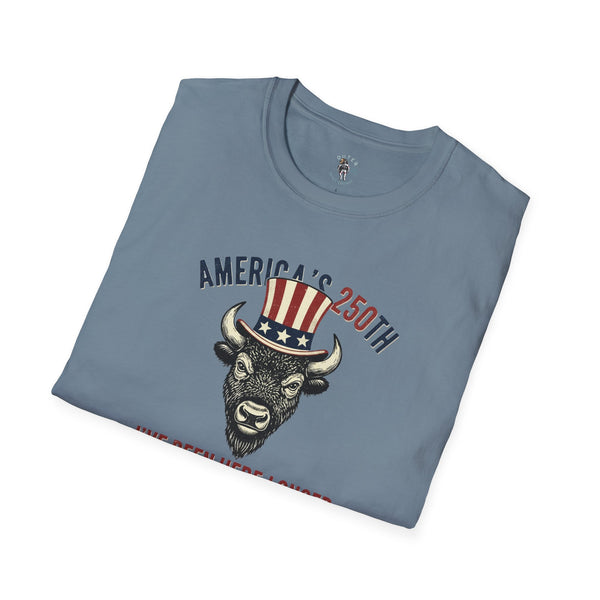 Bison Uncle Sam Western Graphic T-Shirt in Stone Blue, folded view