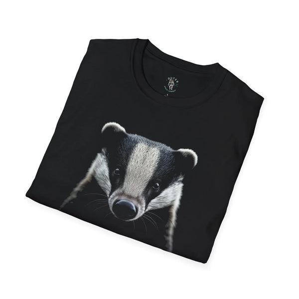 Black T-shirt with close-up badger face graphic and small chest logo
