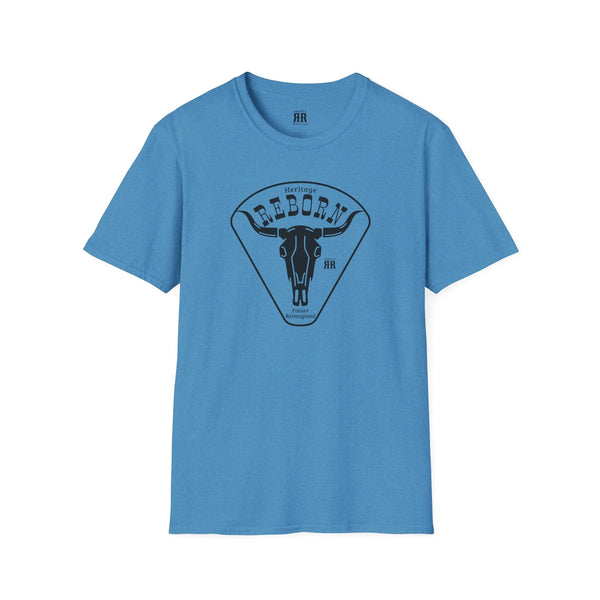 Heritage Reborn universal comfort tee, heather blue with Reborn bull logo graphic