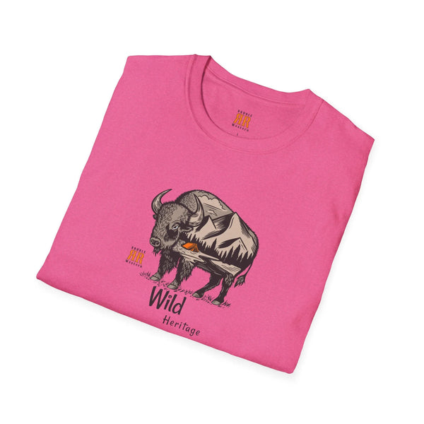 Pink crewneck T-shirt with bison graphic and Wild Heritage text