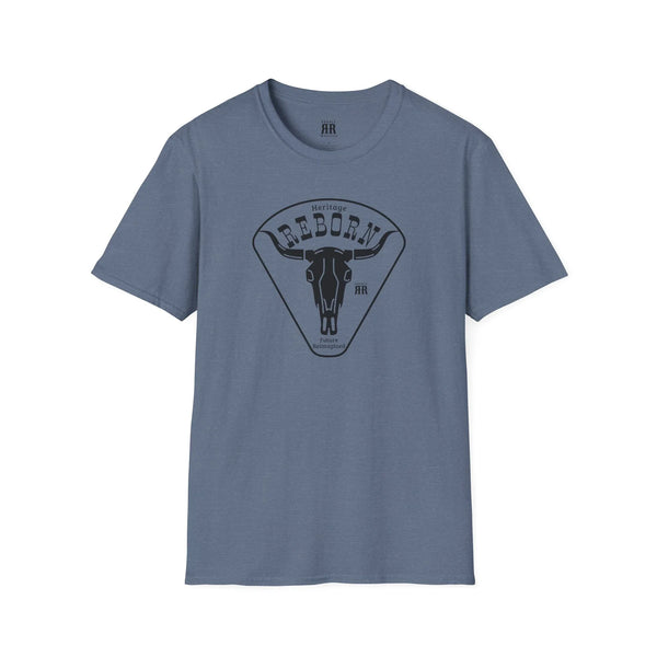 Heritage Reborn universal comfort tee, slate blue with Reborn bull logo graphic