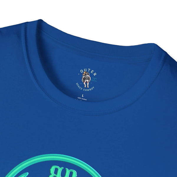 Royal blue crew-neck T-shirt with small “Outer Space Cowboy” logo at chest