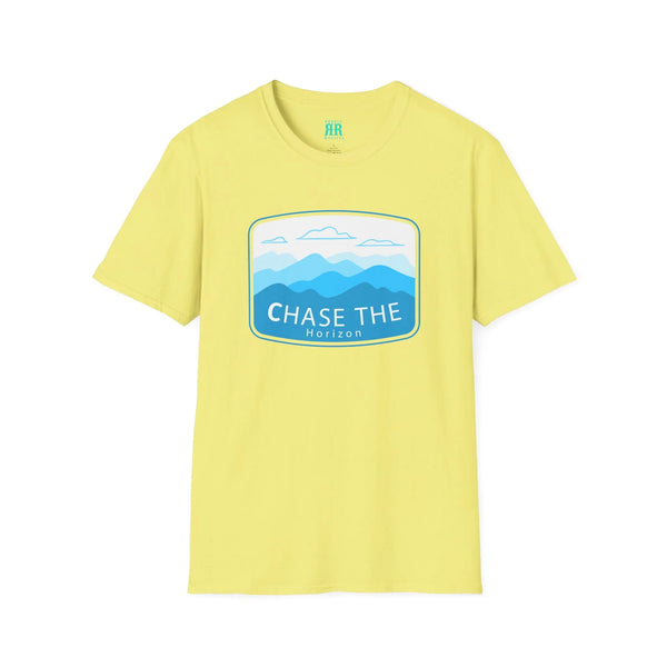 Yellow crew-neck western wear T-shirt with 'Chase the Horizon' landscape graphic