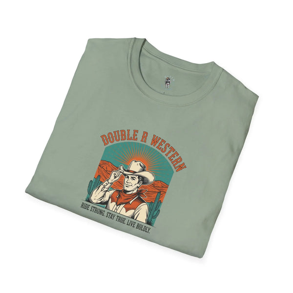 Sage green western graphic T-shirt with cowboy hat logo on the front, angled