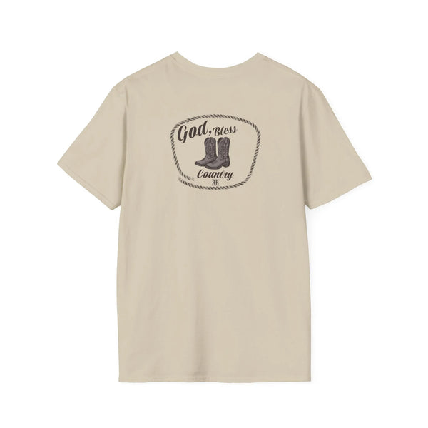 Heavy cotton T-shirt, tan, crew neck with circular “God Bless Country” graphic.