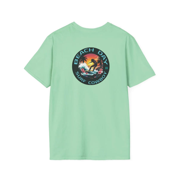 Men's mint green T-shirt with circular Beach Day surf cowboy graphic on chest