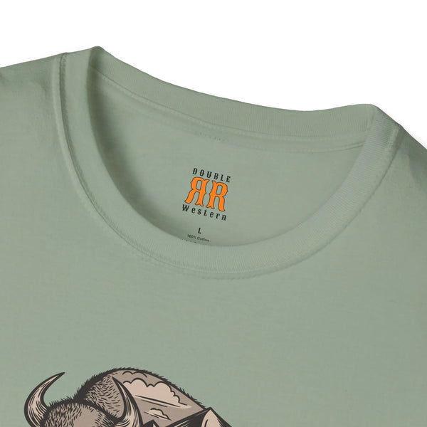 Sage green T-shirt neckline with AR Western logo label inside collar
